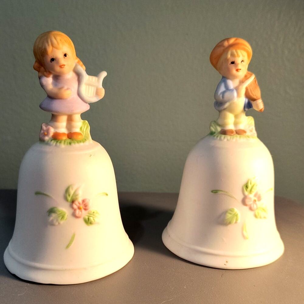 761. HomeCo Boy and Girl Set Hand Bells  Porcelain Vintage Figurines